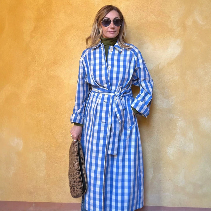 Women's long checkered coat with waist belt and shirt collar Mune Fashion