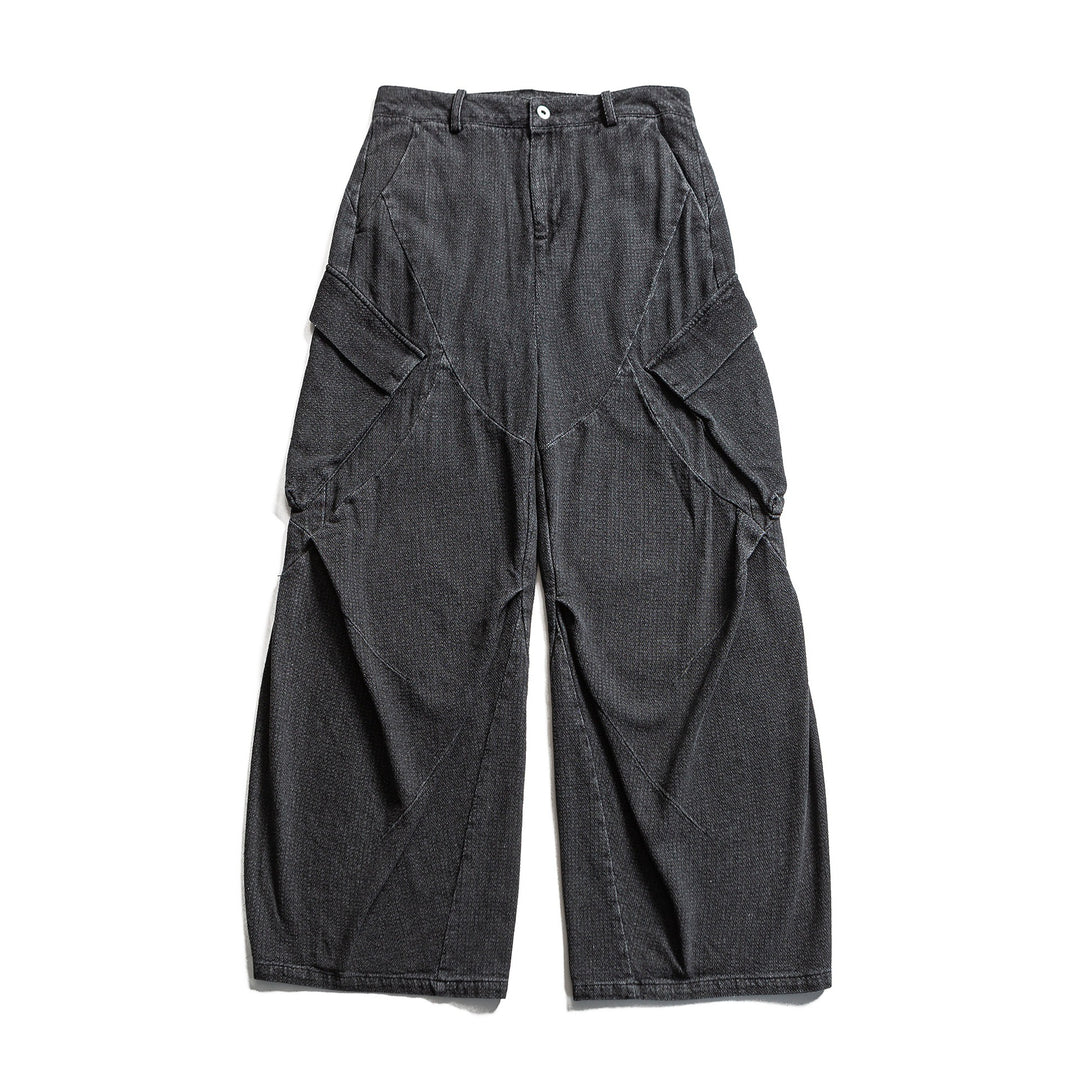Women Wide Cargo Jeans Pants with High Waist, Distinctive Partial Seams and Decorative Pockets Mune Fashion