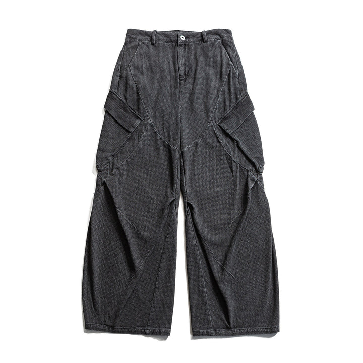 Women Wide Cargo Jeans Pants with High Waist, Distinctive Partial Seams and Decorative Pockets Mune Fashion