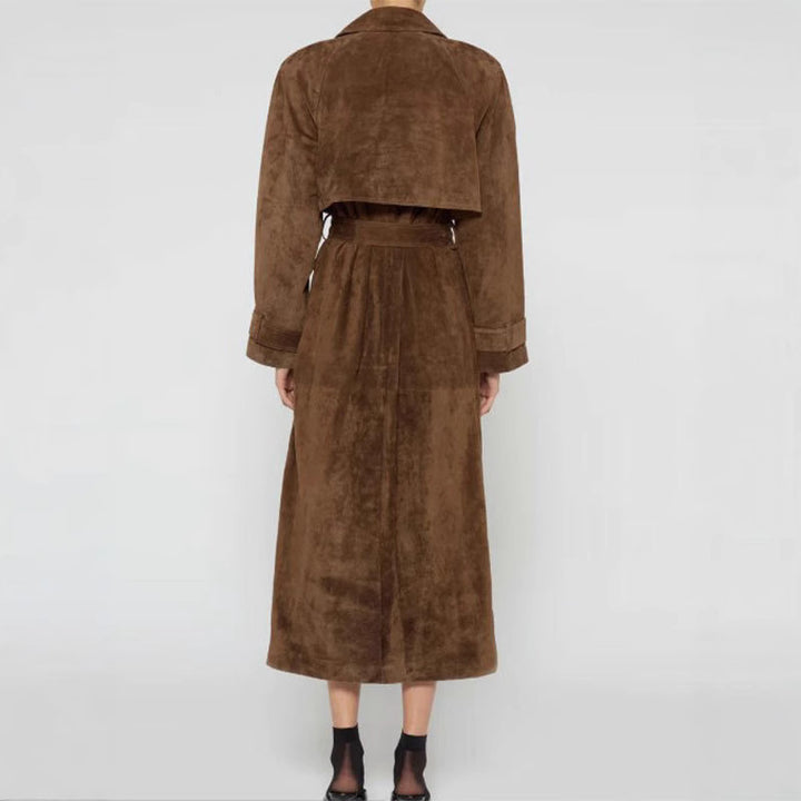 Women's Long Suede Jacket in a Minimalist Trench Look with Soft Lapels Mune Fashion