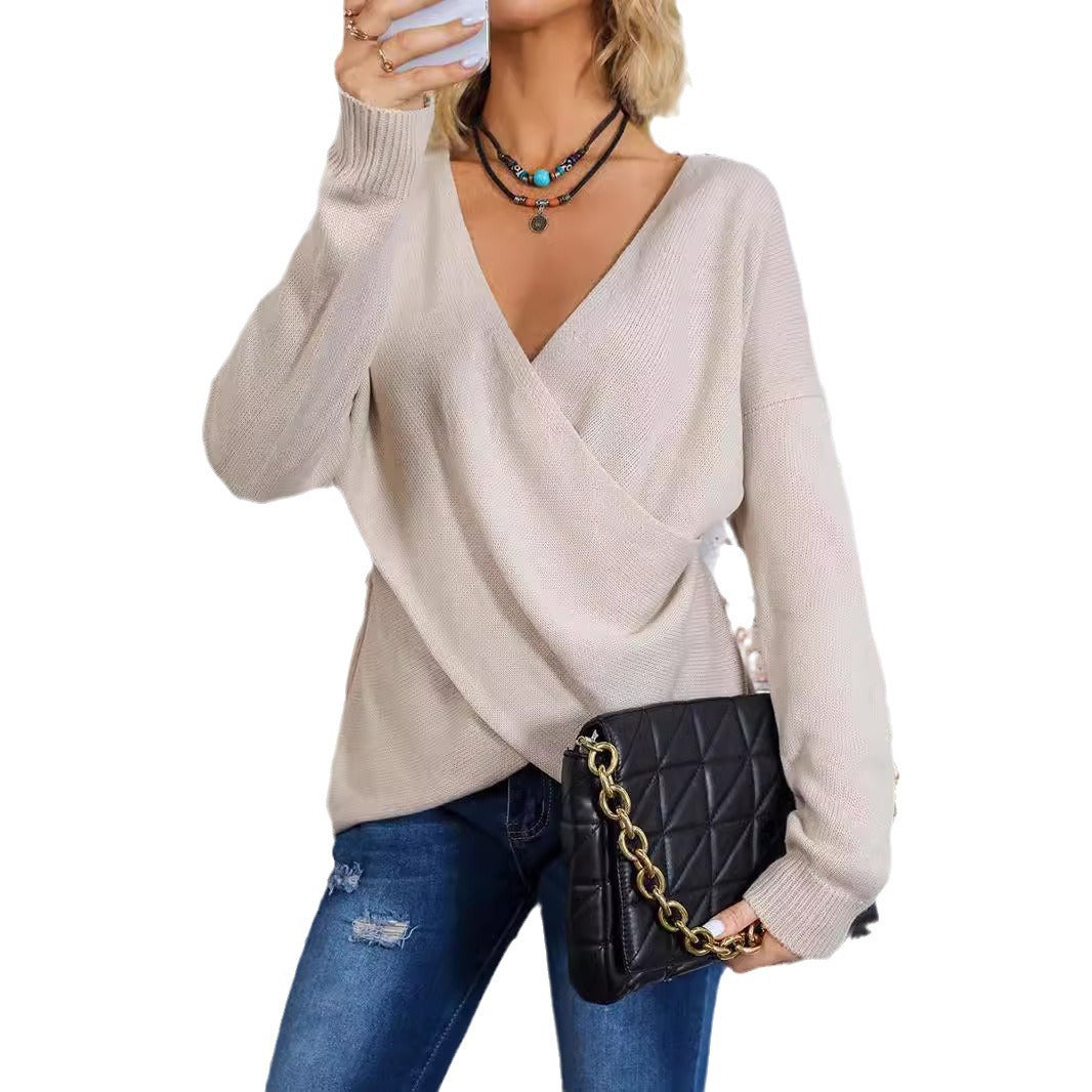 Women's Wrap Knit Sweater with Deep V-Neck and Drop Shoulders Mune Fashion