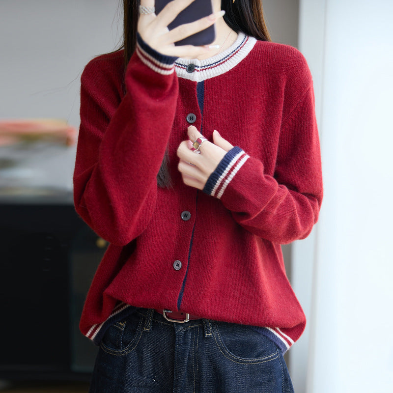 Women's Loose Fine Knit Cardigan with Contrast Stripes on Collar and Cuffs Mune Fashion