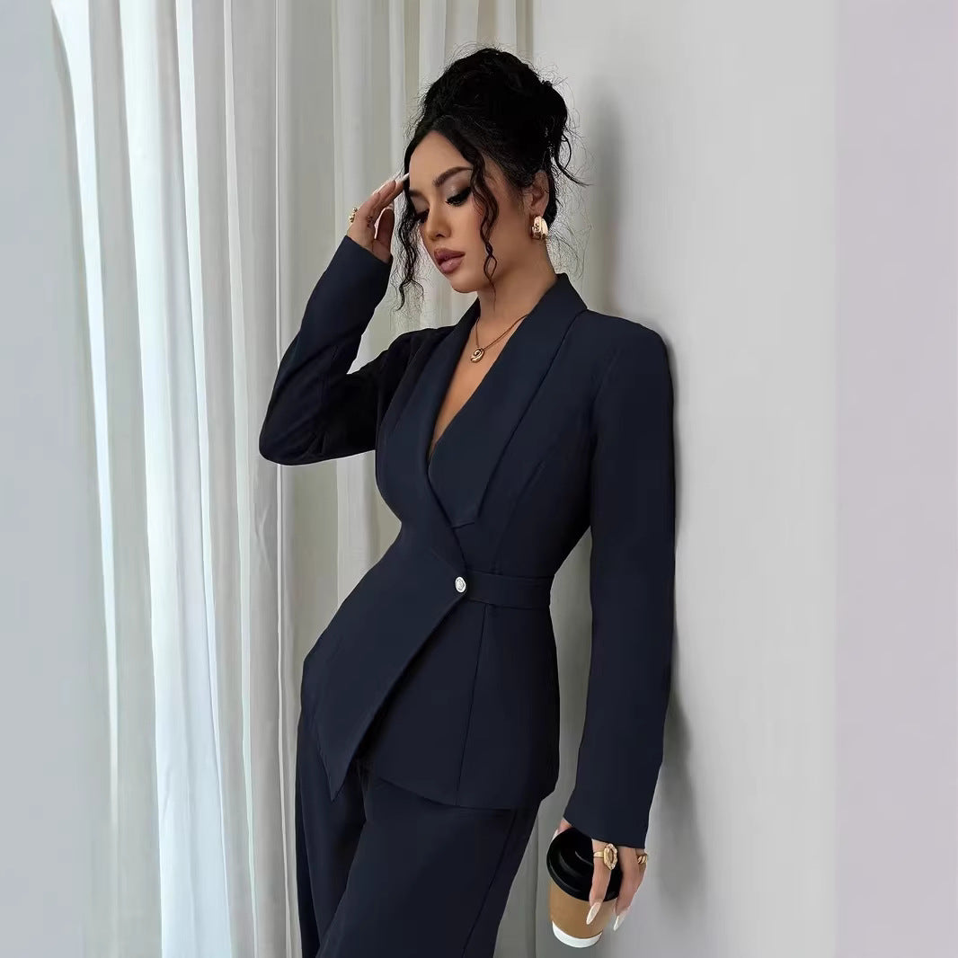Women's tailored business blazer with shawl collar, belt waist and single-button closure Mune Fashion