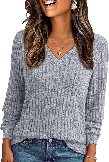 Ladies Soft Ribbed Knit Sweater with V-Neck Mune Fashion