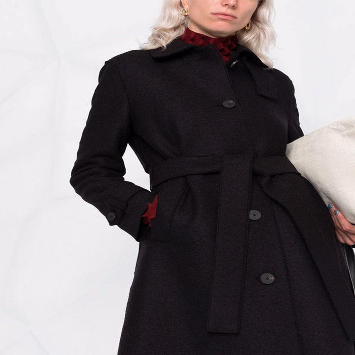 Women Tailored Wool Blend Coat with Tie Belt and A-Line Cut Mune Fashion