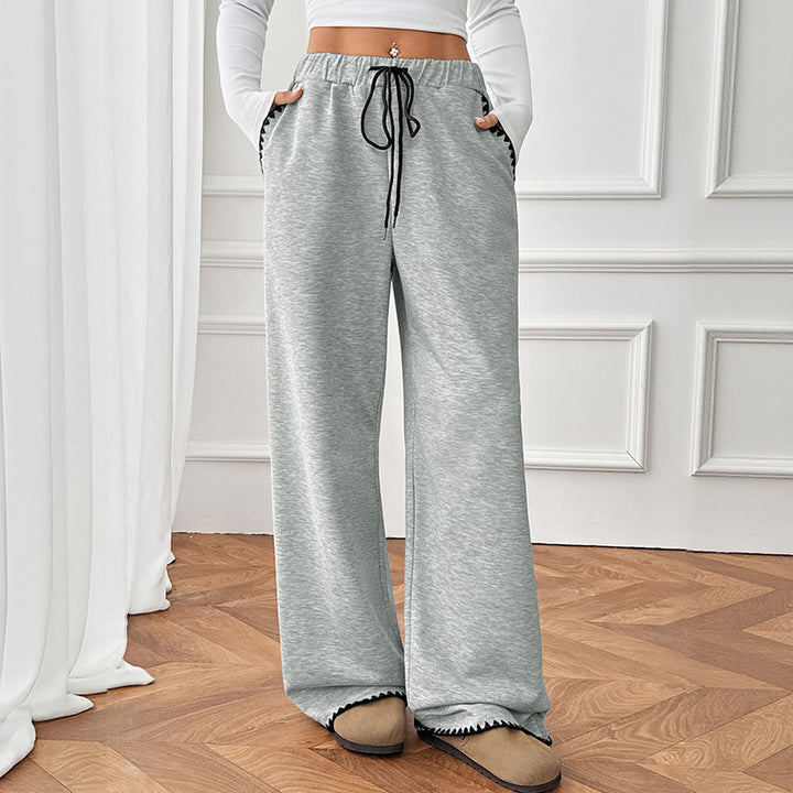 Women's Wide Relax Fleece Pants with High Waist, Drawstring and Decorative Stitch Details Mune Fashion