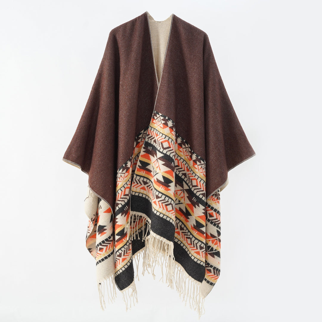 Women's Oversize Reversible Poncho made of Wool Blend with Ethno Jacquard and Fringe Hem Mune Fashion