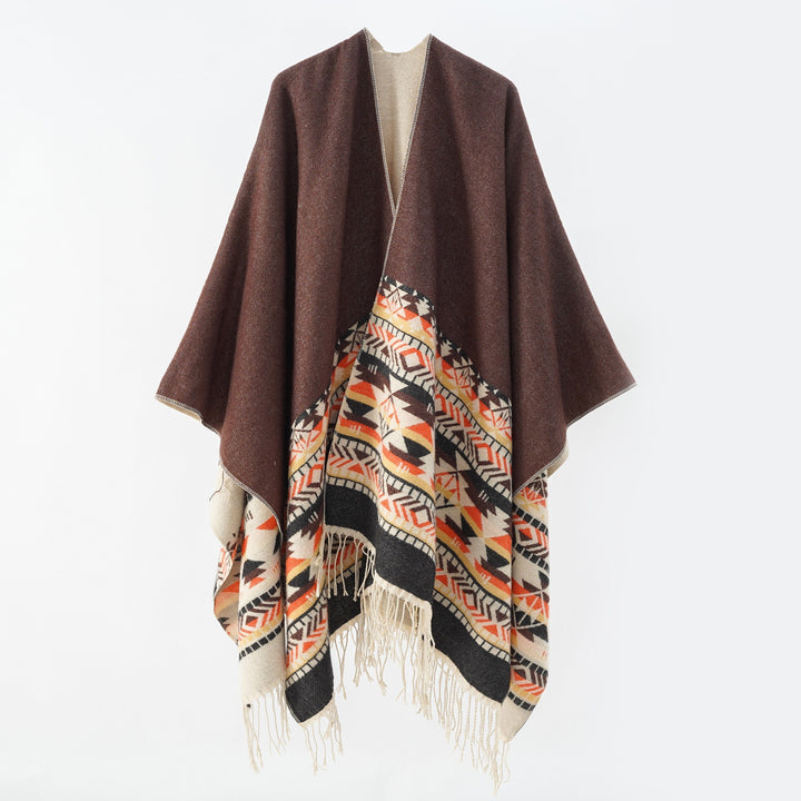 Women's Oversize Reversible Poncho made of Wool Blend with Ethno Jacquard and Fringe Hem Mune Fashion