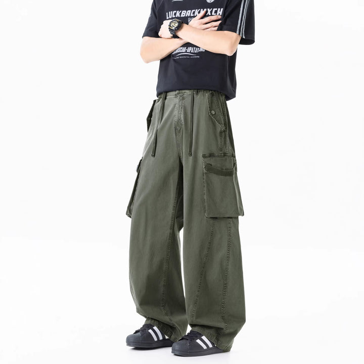 Men's Loose Cargo Pleated Pants with Drawstring and Large Flap Pockets Drune