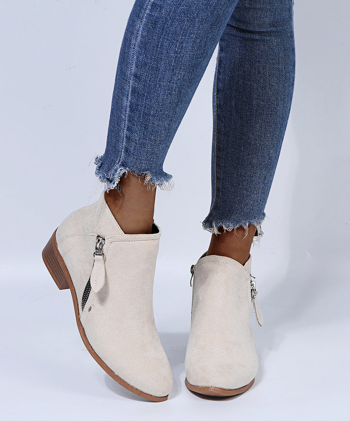 Women short ankle boots with side zipper, layered block heel and almond-shaped toe Mune Fashion