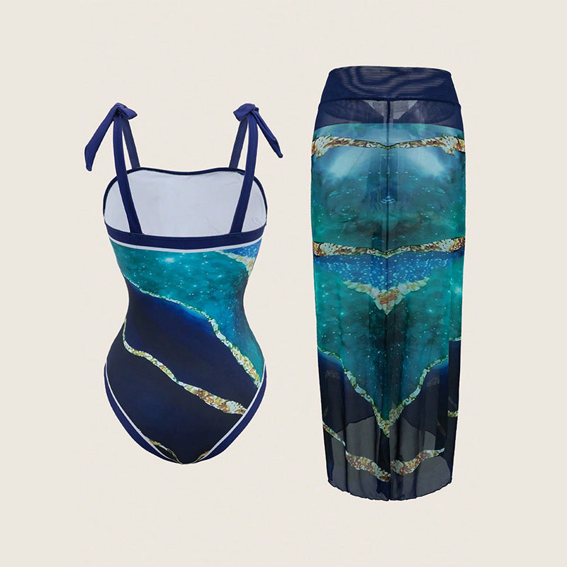 Women One-Piece Swimsuit with Transparent Wrap Skirt Mune Fashion