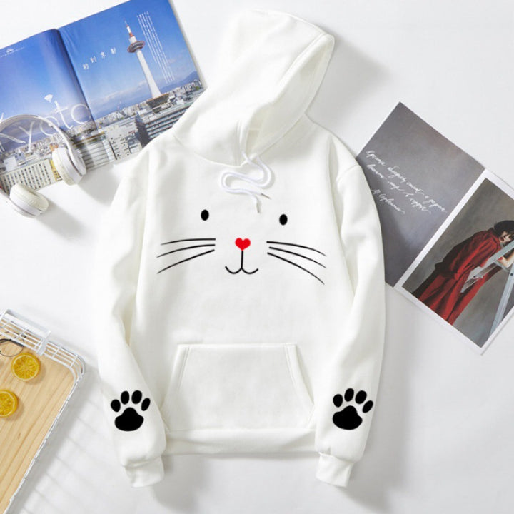 Women's hoodie with printed cat motif, kangaroo pocket and paw appliqués Mune Fashion