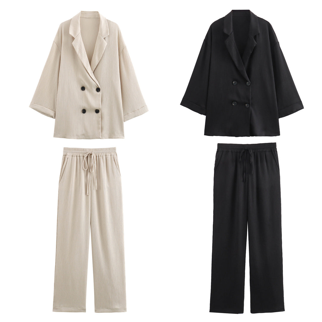 Ladies Oversized Double-Breasted Blazer with Pleated Structure and Three-Quarter Sleeves Mune Fashion
