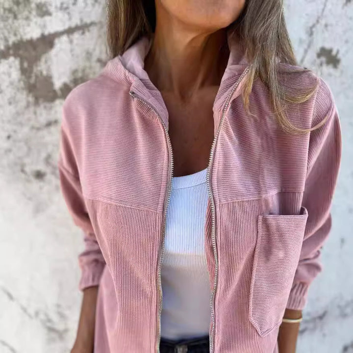 Women's fine corduroy transitional jacket with hood, zipper, elastic cuffs, and side insert pockets Mune Fashion