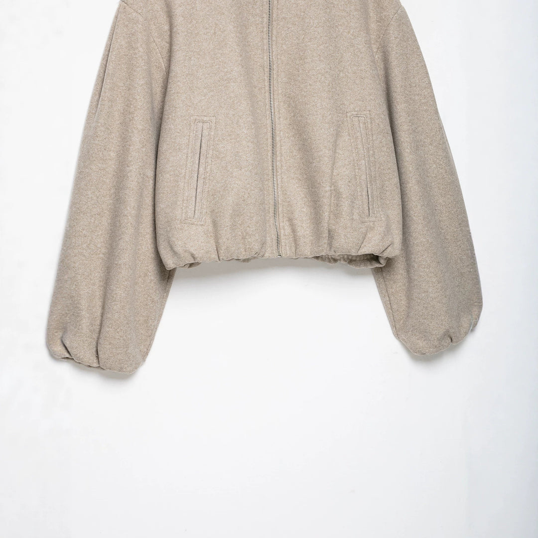 Women's Cropped Wool Blend Blouson Jacket with High Funnel Neck, Zipper and Gathered Hem