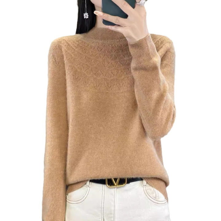 Women's Cozy Mohair Look Pullover with Decorative Structure on the Top and High Collar Mune Fashion