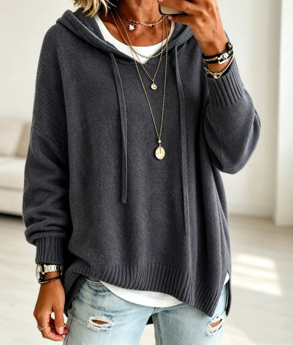 Women Oversize Hoodie Sweater made of fine knit with ribbed cuffs Mune Fashion