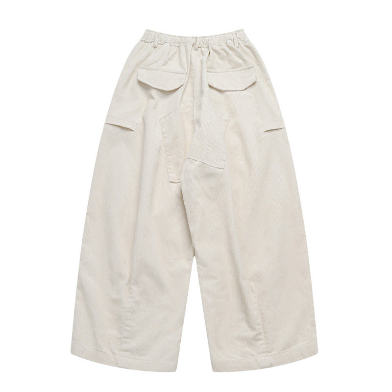Women Wide High-Waisted Cord Pants in Culotte Cut with Drawstring and Patch Pockets Mune Fashion