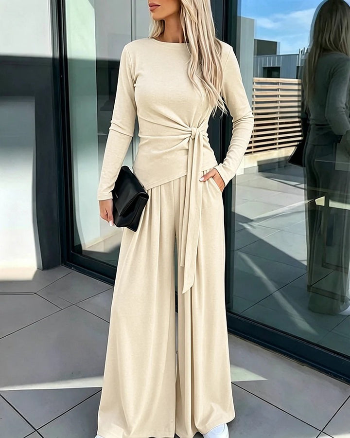 Women Elegant Wrap Top with Wide Pants Mune Fashion