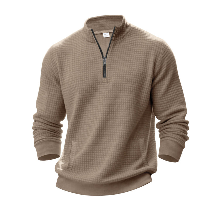 Men's waffle texture half-zip pullover with stand-up collar and subtle side pockets Mune Fashion