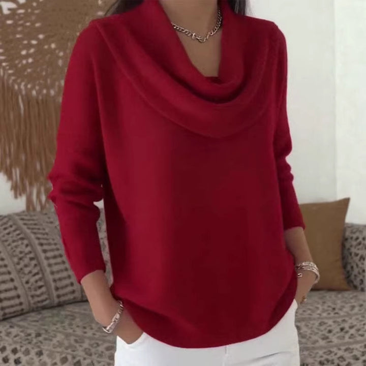 Women's fine knitted pullover with waterfall collar and ribbed hem Mune Fashion