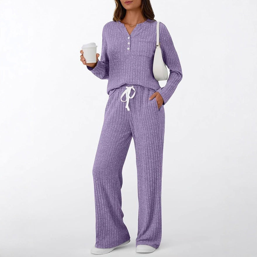 Women Ribbed Knit Lounge Set with Button Placket and Wide Drawstring Pants Mune Fashion