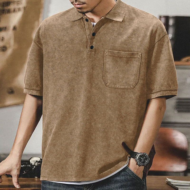 Men's loosely cut cotton polo shirt with a patch chest pocket and short button placket Mune Fashion