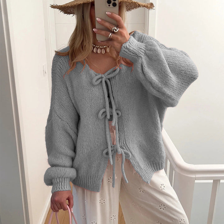 Women's Chunky Knit Open Cardigan with Ties, Oversized Silhouette and Raglan Sleeves Mune Fashion