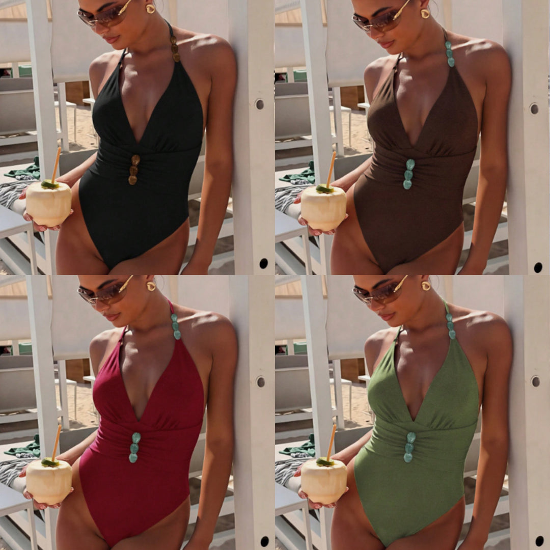 Women's one-piece swimsuit with deep V-neck and decorative accents Mune Fashion