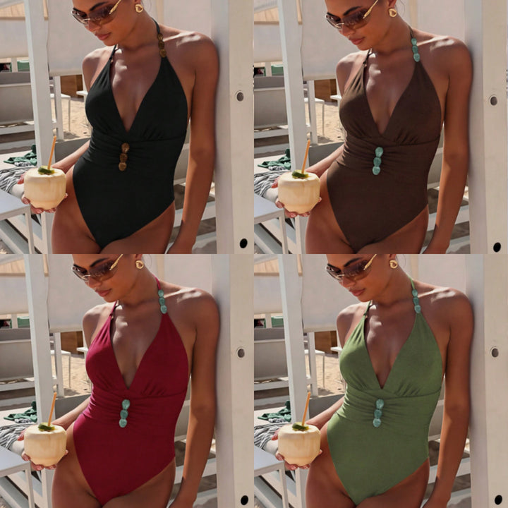 Women's one-piece swimsuit with deep V-neck and decorative accents Mune Fashion