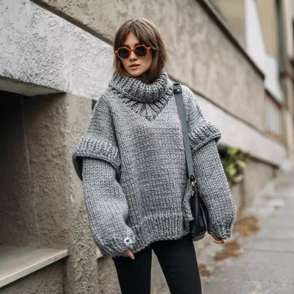 Women Oversize Chunky Knit Sweater with High Turtleneck Mune Fashion