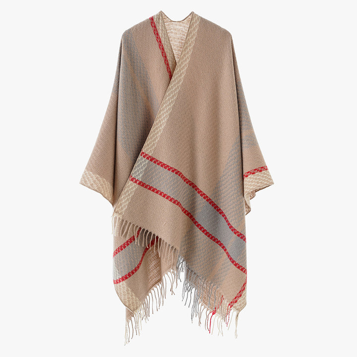 Women's Oversize Cape Poncho made of Wool Blend with Checkered Pattern and Fringe Hem Mune Fashion
