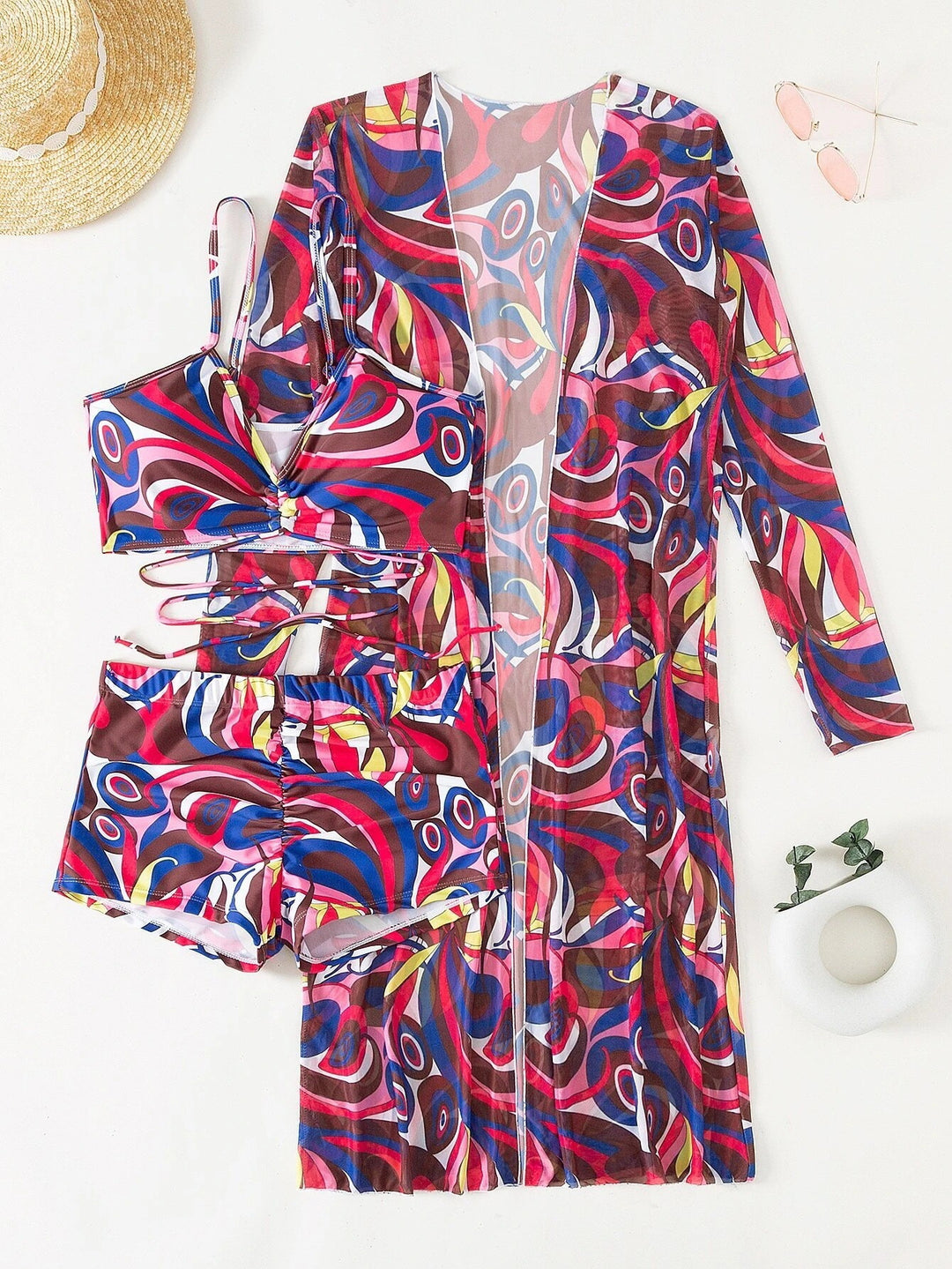 Damen Strandanzug mit leichtem Kimono und buntem Unterteil Echo Archiv