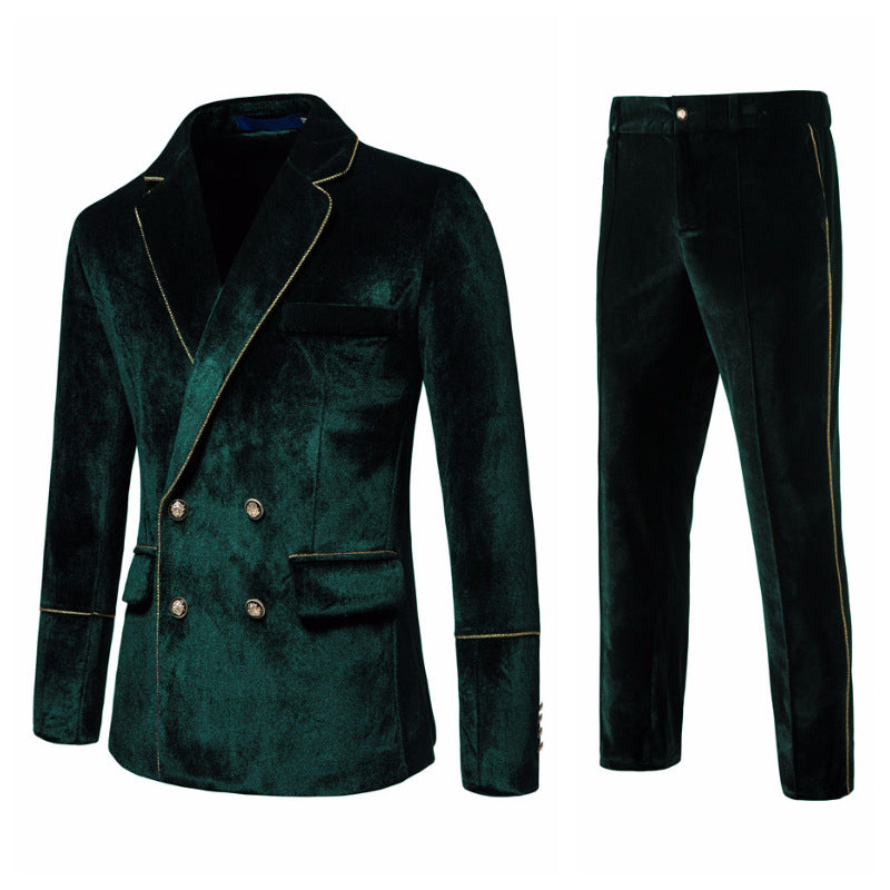 Men's double-breasted velvet suit set with gold piping and slim suit trousers Mune Fashion