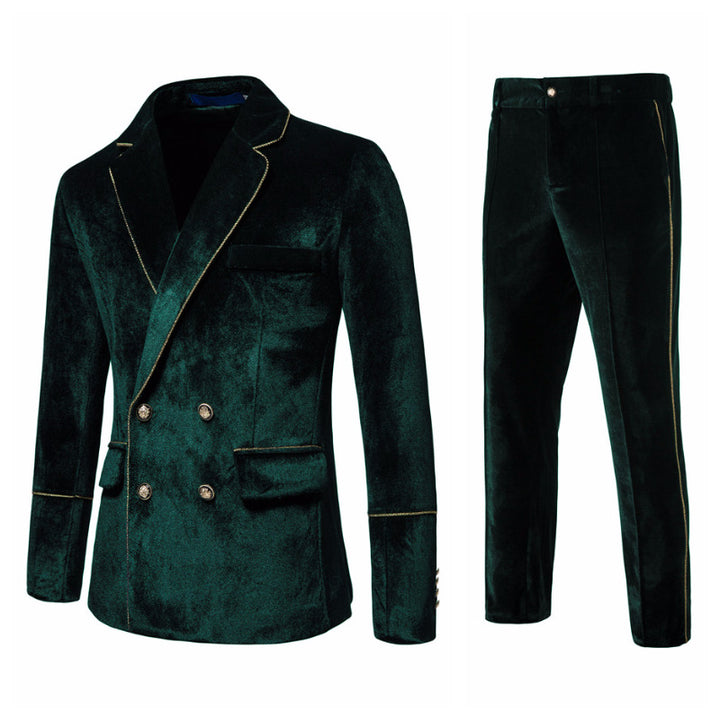 Men's double-breasted velvet suit set with gold piping and slim suit trousers Mune Fashion