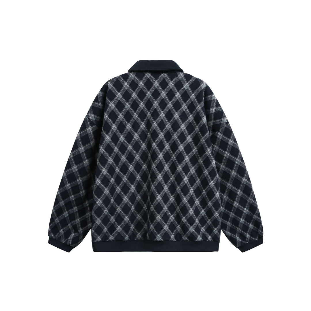 Women Checked Oversize Polo Sweater with Half Button Placket and Ribbed Cuffs Mune Fashion