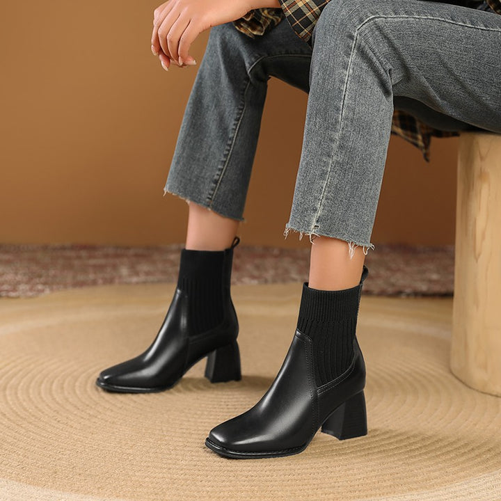Women Elegant Chunky Ankle Boots with Knit Insert Mune Fashion