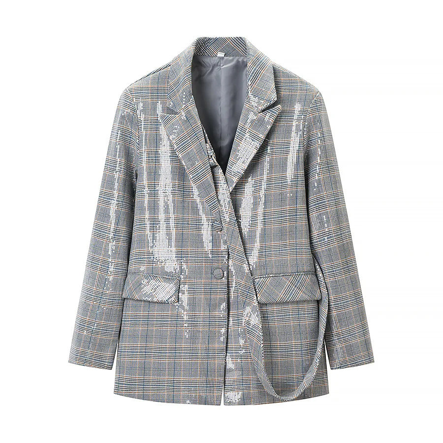 Women's glitter check blazer with tie belt, boxy fit and patch pockets Mune Fashion