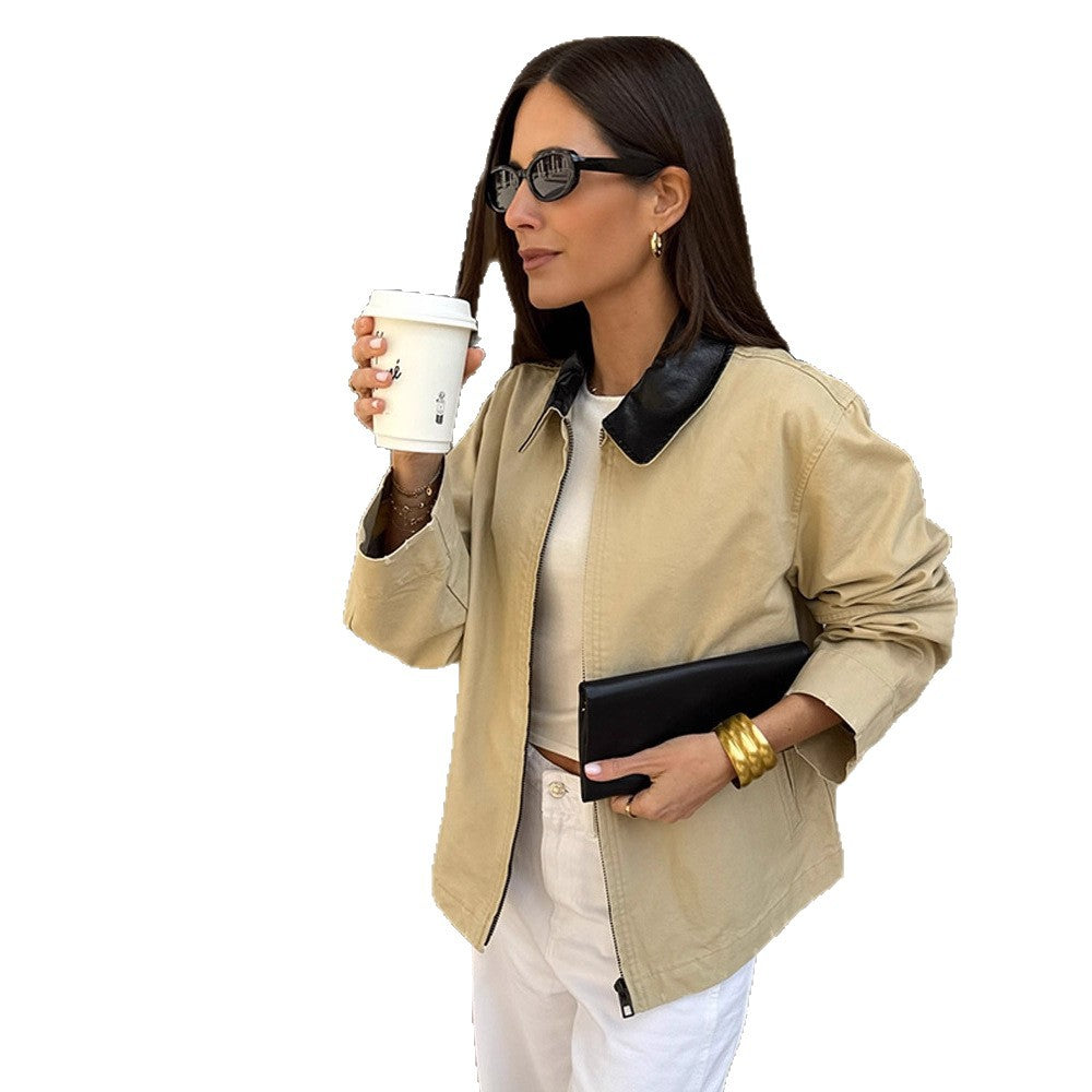 Women's Boxy Transitional Jacket with Contrasting Collar and Concealed Zipper Mune Fashion