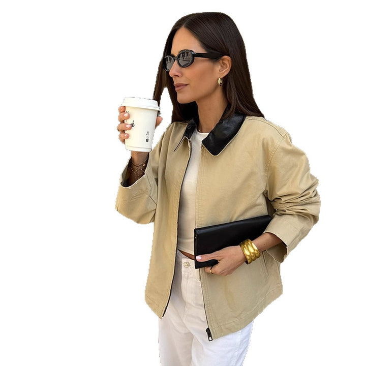 Women's Boxy Transitional Jacket with Contrasting Collar and Concealed Zipper Mune Fashion