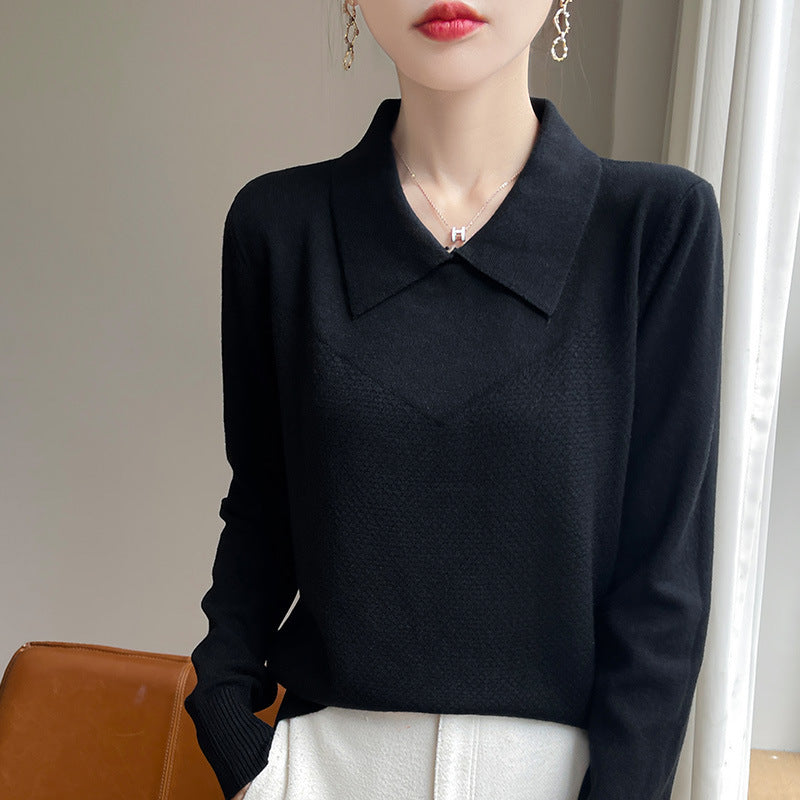 Women's Knit Sweater with Shirt Collar and Textured Front Mune Fashion