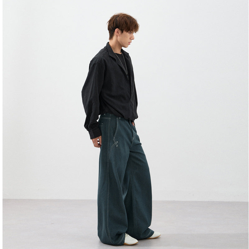 Men's Ultra-Wide Raw Denim Marlene Trousers with Contrast Seams Mune Fashion