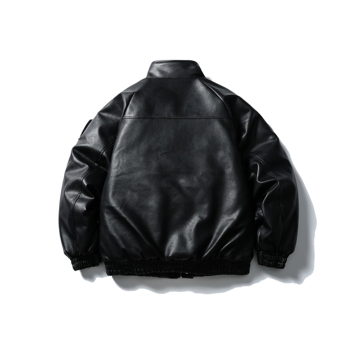 Men's Padded Faux Leather Bomber Jacket with High Stand-up Collar and Flap Pockets Mune Fashion
