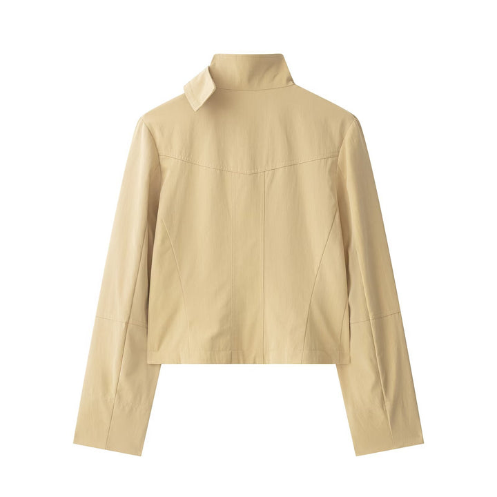 Women Short Double-Breasted Field Blouson in Utility Style with Stand-Up Collar Drune