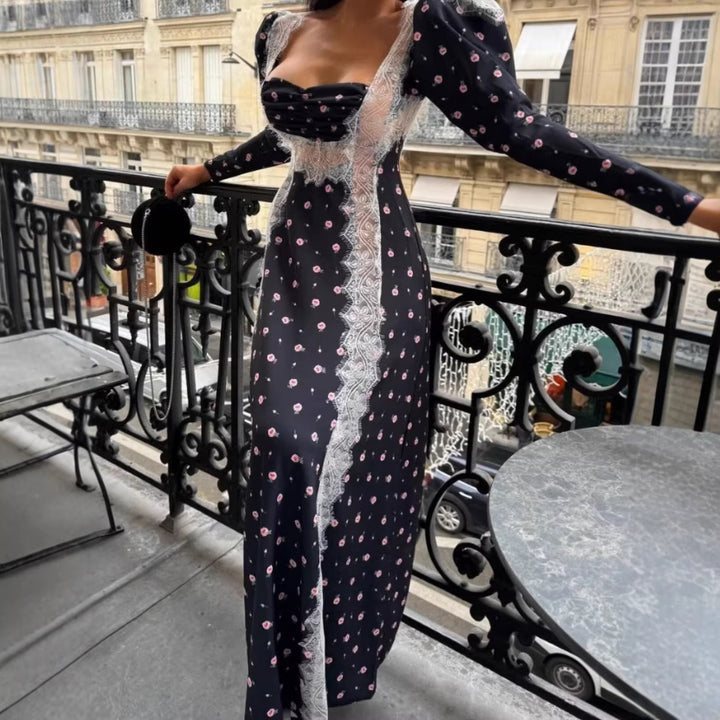 Women’s Maxi Dress with Lace Trim and Floral Allover Print Mune Fashion