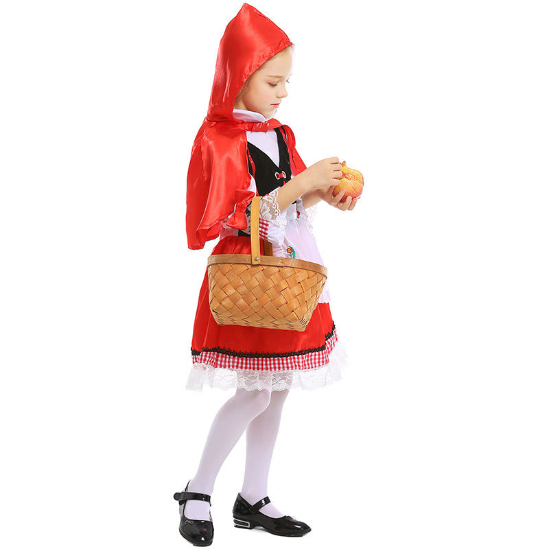 Girls Fairytale Little Red Riding Hood Costume with Cape and Embroidered Apron Mune Fashion