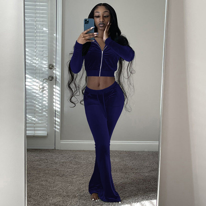 Women's Two-Piece Velvet Lounge Set with Cropped Zipper Hoodie and Flared Palazzo Pants EB