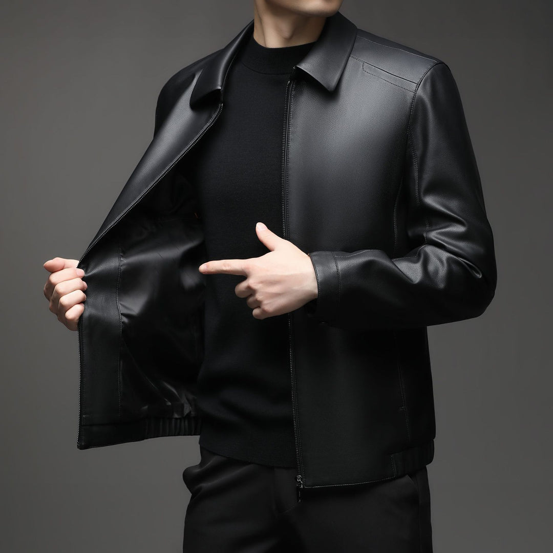 Men's leather jacket with warming fur lining, shirt collar and zipper Mune Fashion