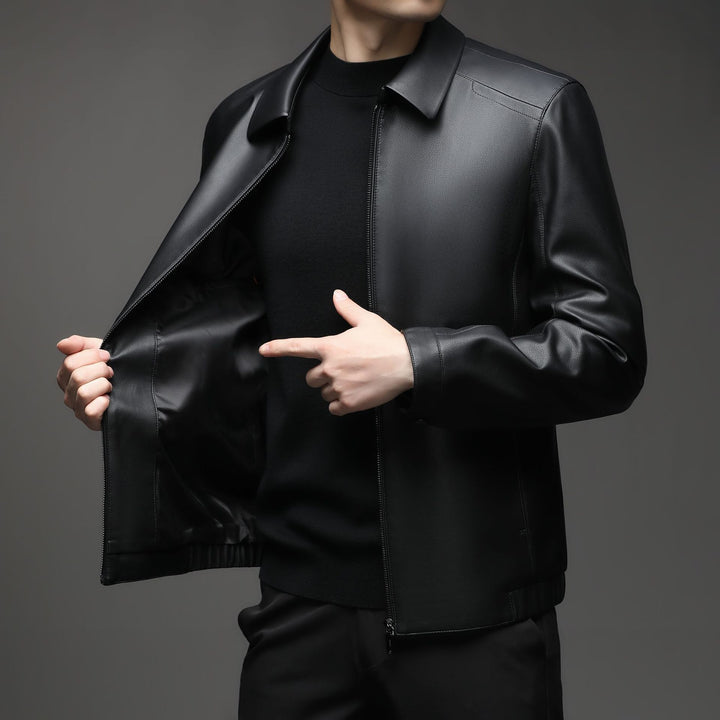 Men's leather jacket with warming fur lining, shirt collar and zipper Mune Fashion