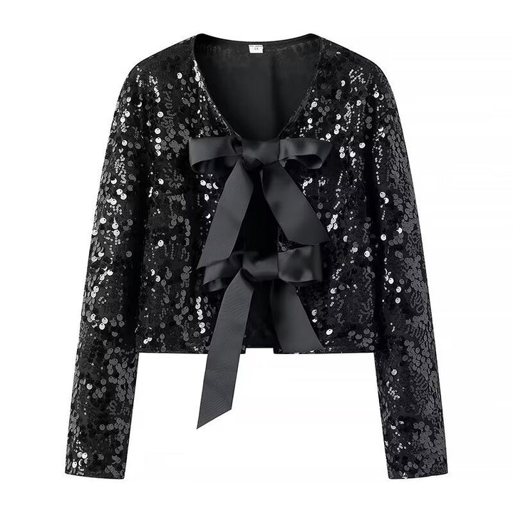 Women’s Short Cut Sequin Bolero Jacket with Triple Satin Bows and Lined Interior Mune Fashion